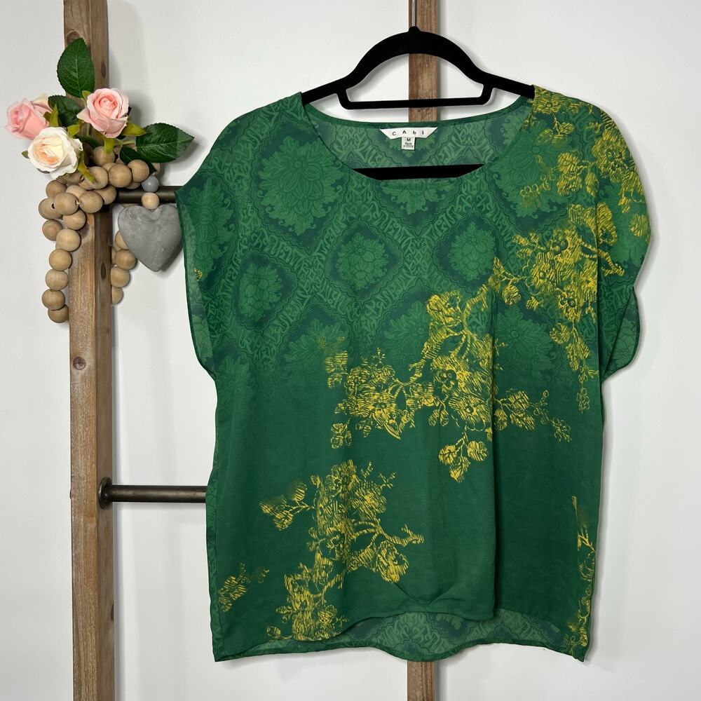 Cabi Style 597 Green Envy Medallion‎ Yellow Floral Cap Sleeve Blouse Size Medium